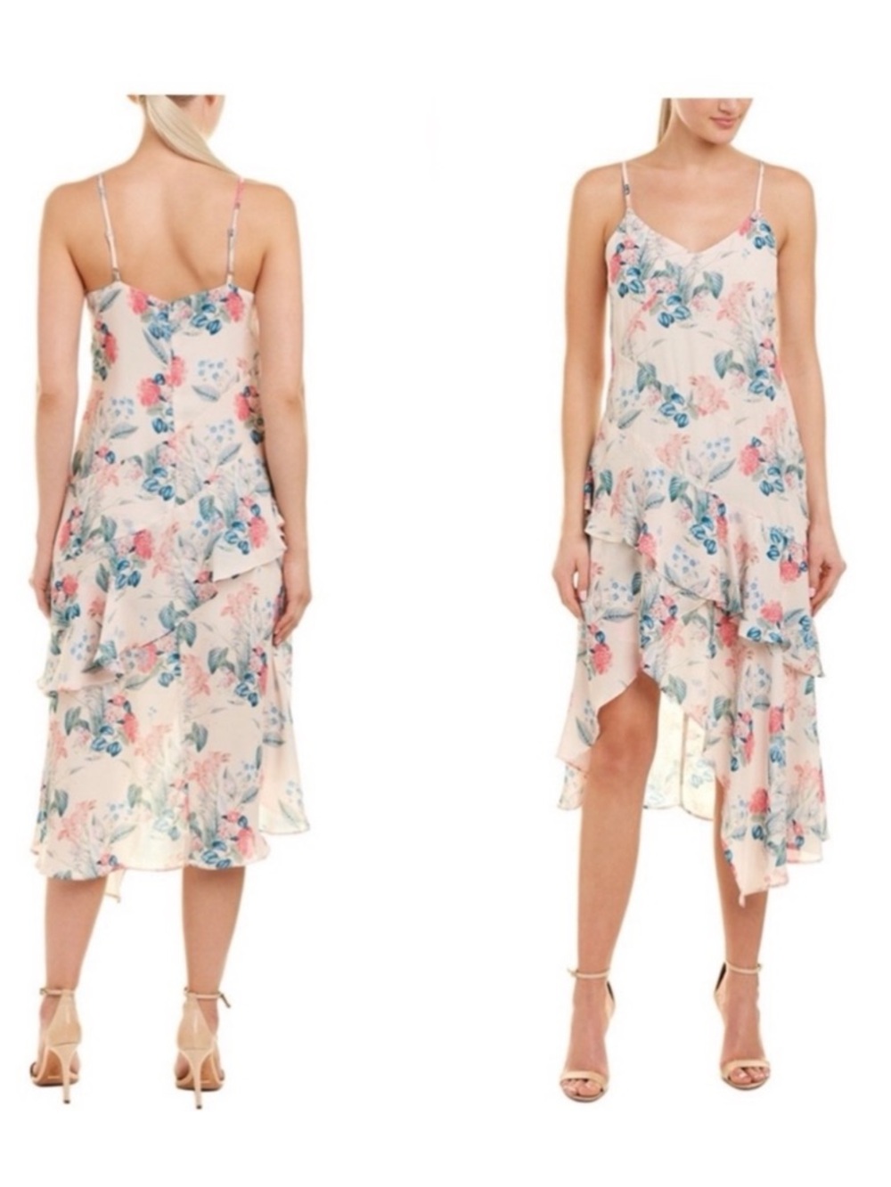 Parker Mellow Meadow Floral Ruffle Asymmetrical Midi Dress in Blush